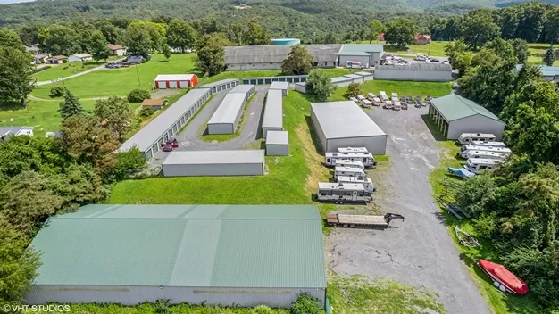 Aerial view of storage units and outdoor parking.
