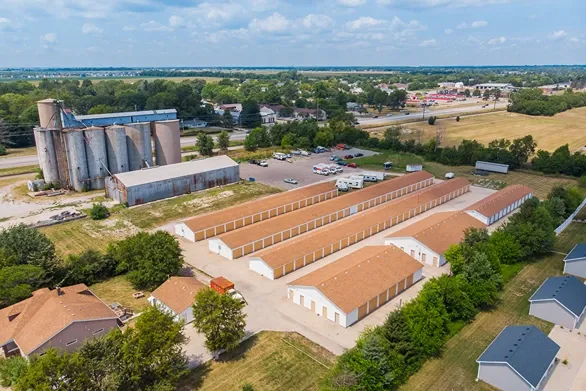 Aerial view of storage units.