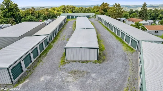 Aerial view of gravel storage units.