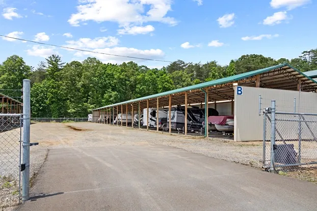 Gated entrance of parking spaces.