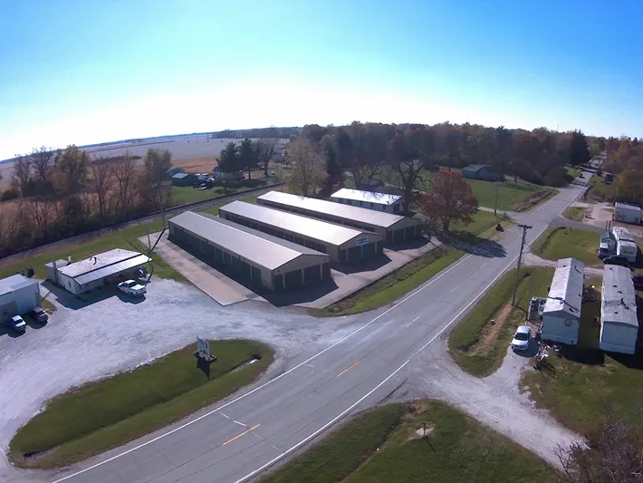 Aerial view of front office and storage units.