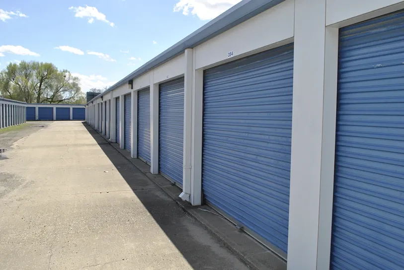 Outdoor storage units with drive up at Bloomington Self Storage.