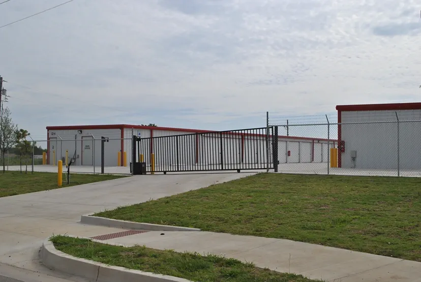 Gated storage facility with keypad entrance.