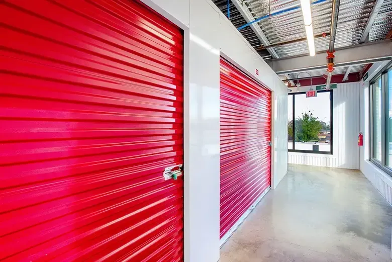 Red shut doors to a storage unit