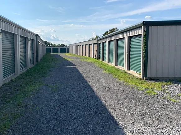 Gravel ground with storage units.