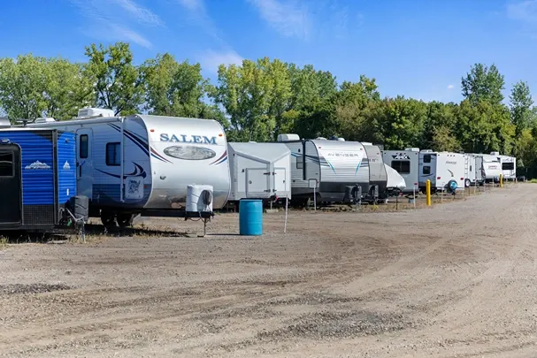 Uncovered RV parking at White Bear RV and Boat Storage.
