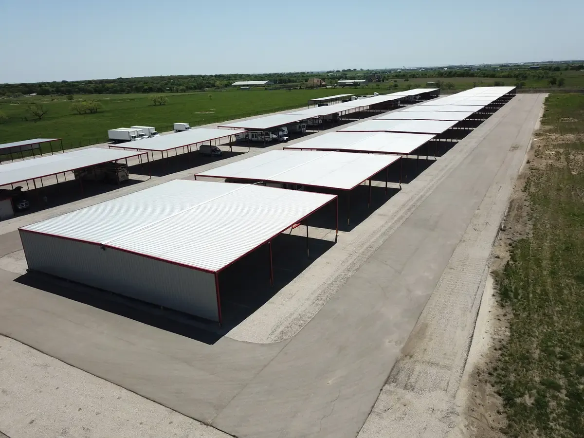 drone shot of a covered vehicle parking lot