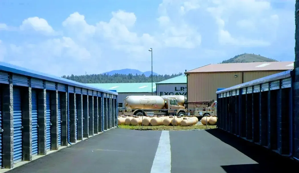 driveway with outdoor storage units on either side