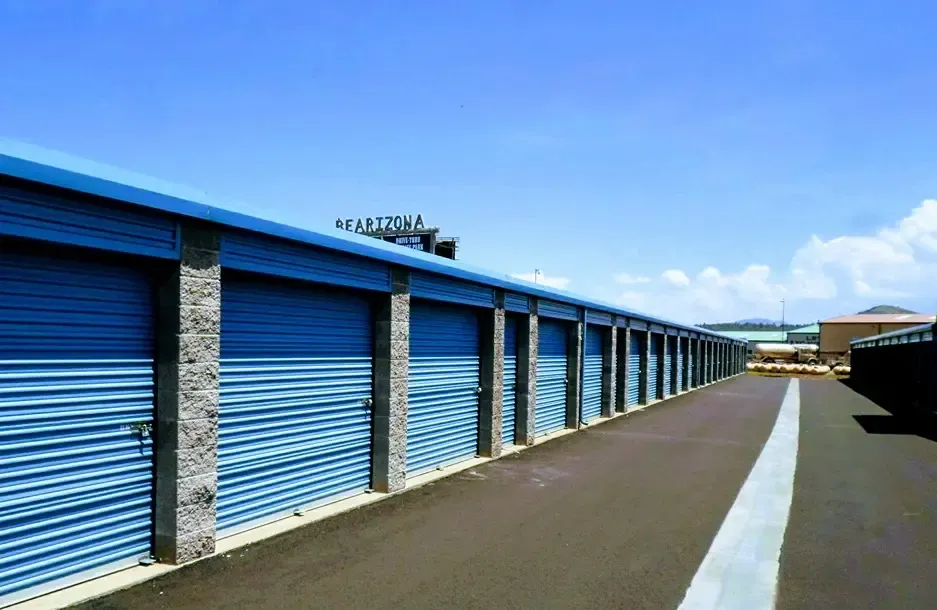 blue outdoor storage units panned to the left